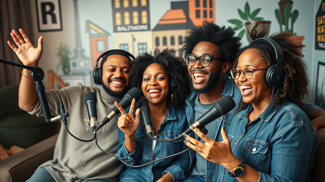 Baltimore podcast studio rental diverse successful podcasters podcast lounge Baltimore mural microphones headphones bmore pod shows business creators