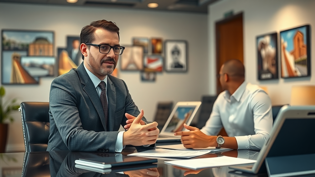 Confident Baltimore executive interviewing a digital marketing expert, upscale office, city-themed decor
