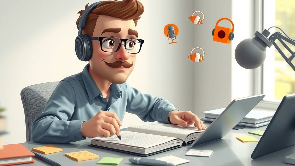 focused baltimore podcaster using digital tools to plan podcast content in a modern studio environment