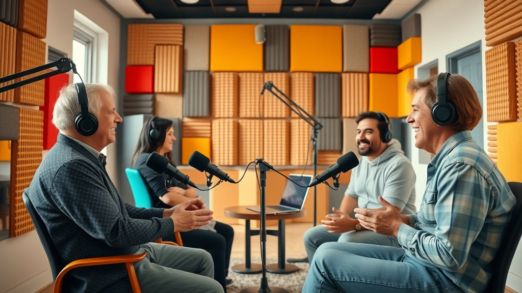 inviting baltimore podcast space modern interior with creators engaging in conversation and podcast studio setup