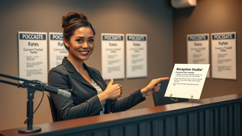 podcast studio receptionist in baltimore explaining podcast studio rates Baltimore, detailed studio interior, pricing info