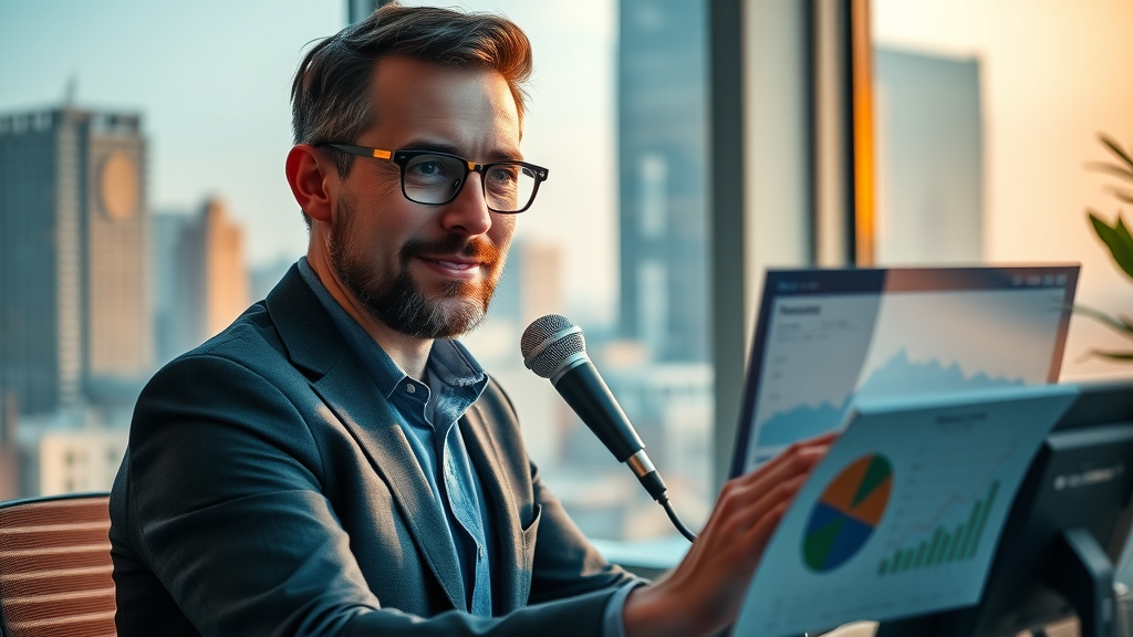 Successful Baltimore podcaster reviewing financial metrics on a dashboard, monetizing podcast audience growth Baltimore
