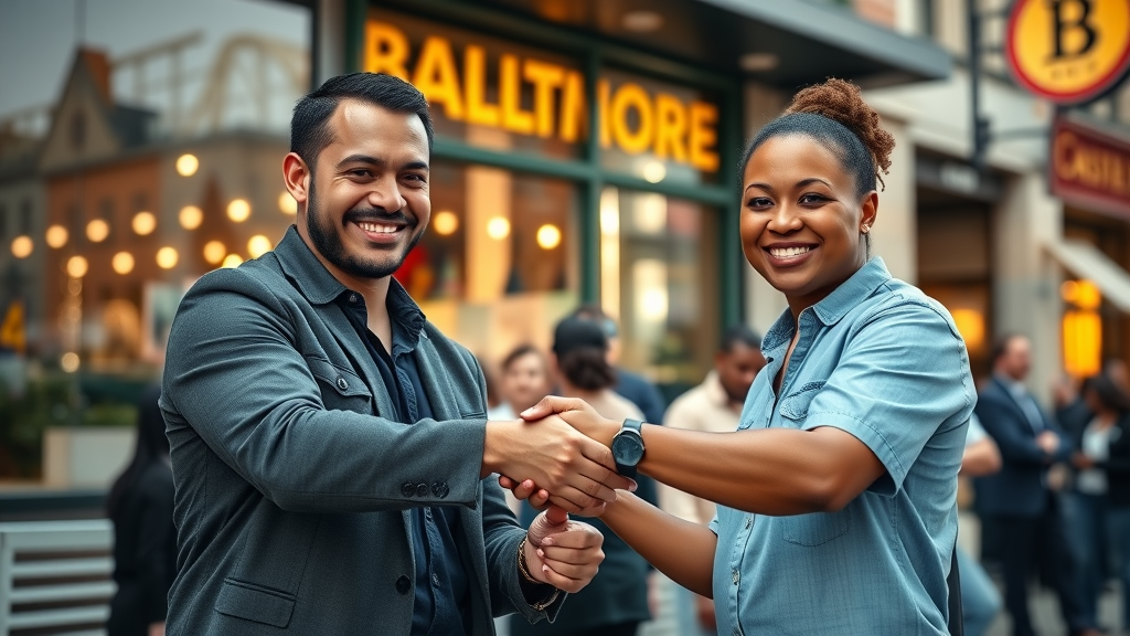 Baltimore small business owners celebrating a new social media partnership outside shopfront, collaborative social media campaigns