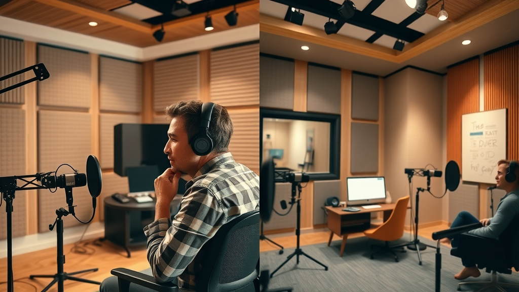 contrasting side-by-side visuals podcast studio and recording studio baltimore, detailed equipment setups, soundproof panels