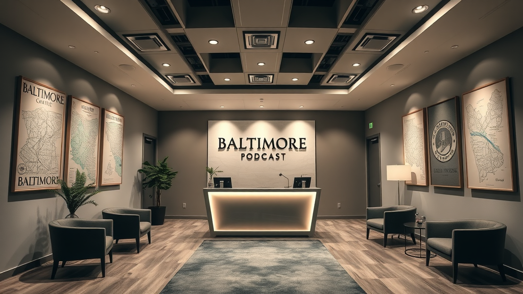 Modern podcast studio lobby in Baltimore, welcoming ambiance for podcasters