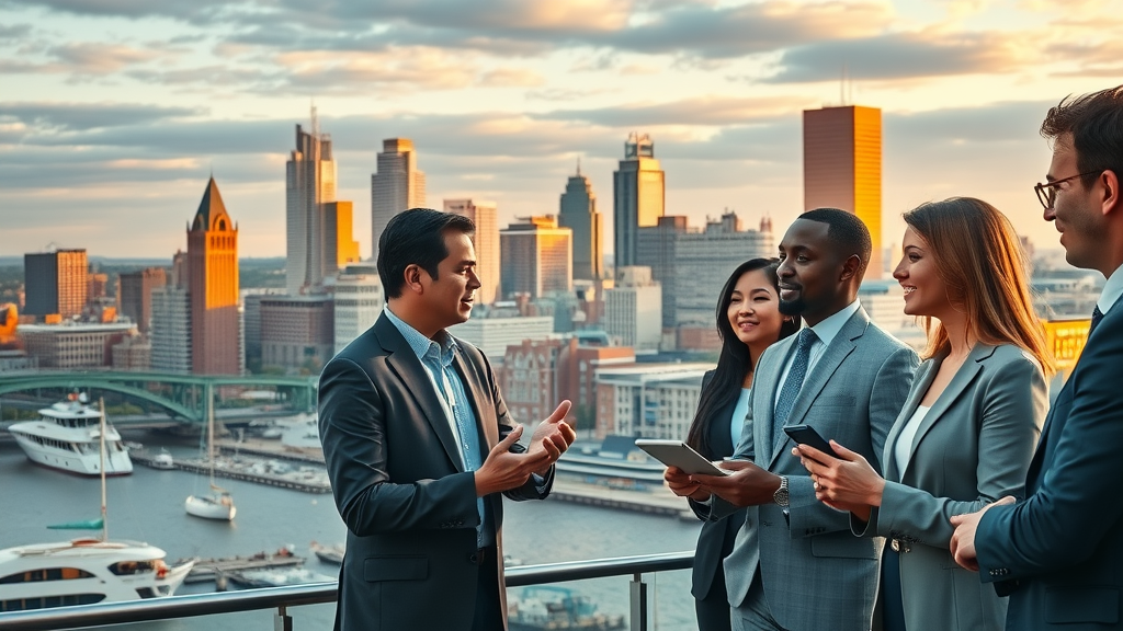 vibrant Baltimore cityscape, diverse business professionals collaborating on video production, Cinematic skyline, Inner Harbor, promotional video