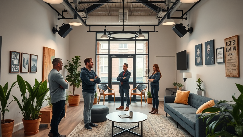 Spacious modern Baltimore podcast studio lobby with welcoming staff and comfortable lounge area