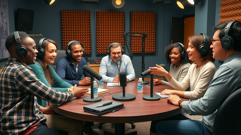 diverse podcast team, enthusiastic discussion, around professional studio table, Cinematic, vibrant Baltimore recording studio featuring advanced microphones and headphones, highly detailed, animated conversation gestures, colorful outfits, spotlight lighting, shot with a 50mm lens.