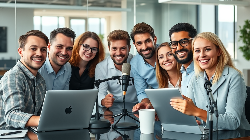 Podcasting tips for small businesses, dynamic small business team podcasting in a modern office