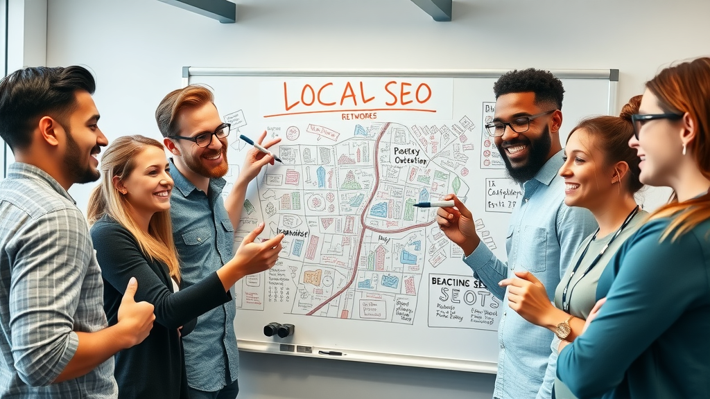 Diverse seo team mapping Baltimore neighborhoods, collaborating on local SEO strategies