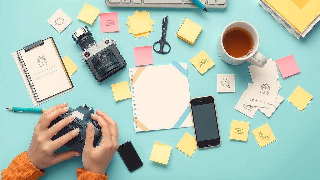 Creative local content creation tools and social media planning, local social media campaigns, 2D cartoon digital desk workspace
