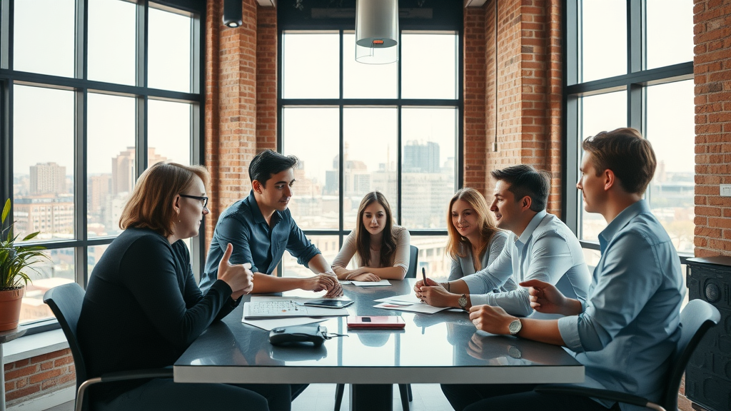 Vibrant modern video production studio in Baltimore with creative team collaborating and Baltimore skyline through windows. Energetic teamwork in a chic setting.