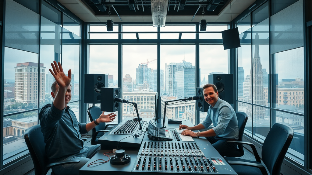 inviting state-of-the-art baltimore podcast studio, sound engineers at glass soundboards, urban baltimore cityscape through windows