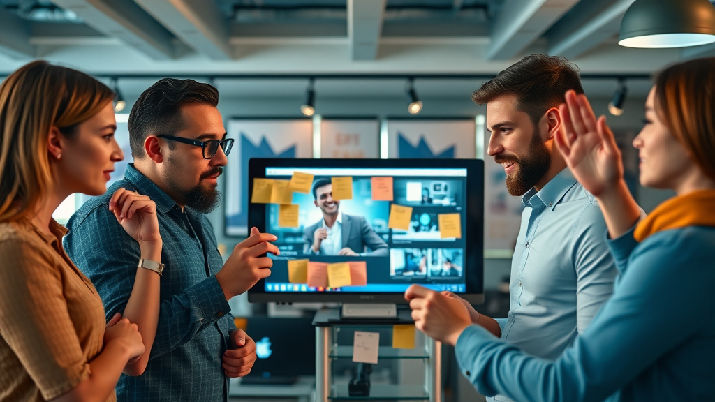 planning small business video ad in modern office, digital screens, team collaborating, vibrant blue-orange contrast