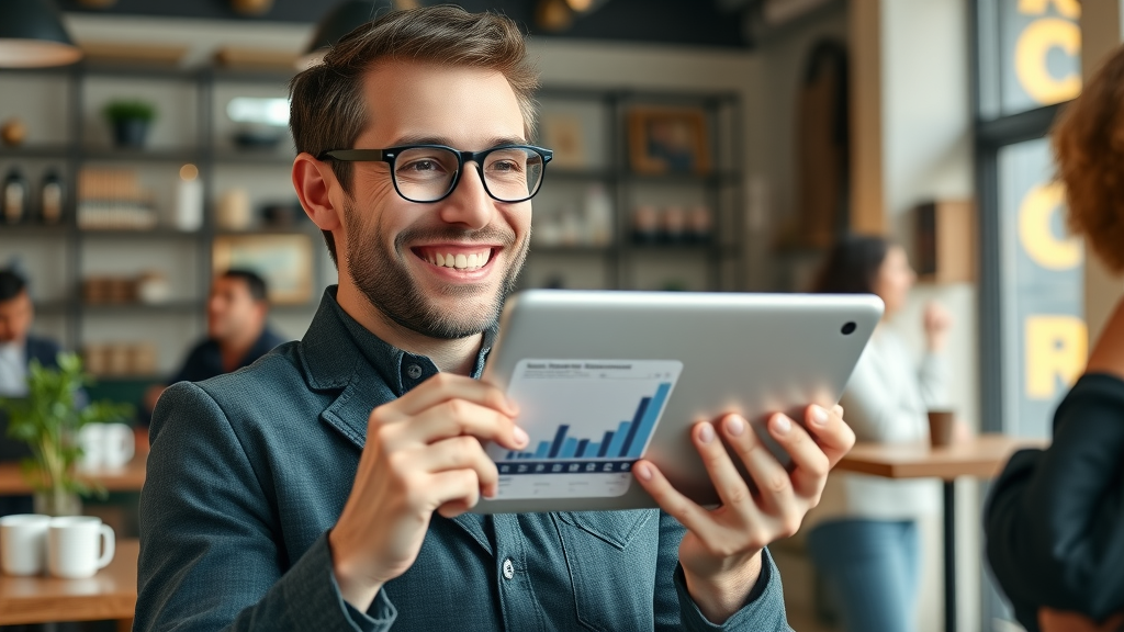 happy small business owner celebrating successful video campaign coffee shop