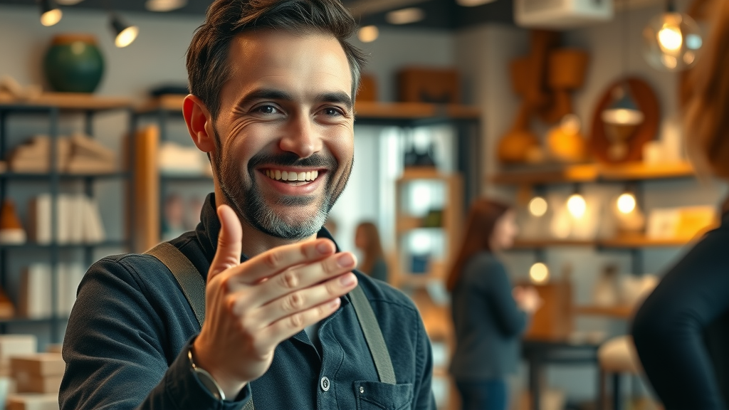 Persuasive small business owner explaining branding value in shop - brand video content