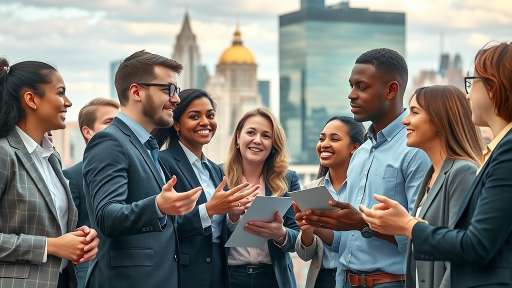 Baltimore content marketing professionals collaborating in front of the iconic Baltimore skyline