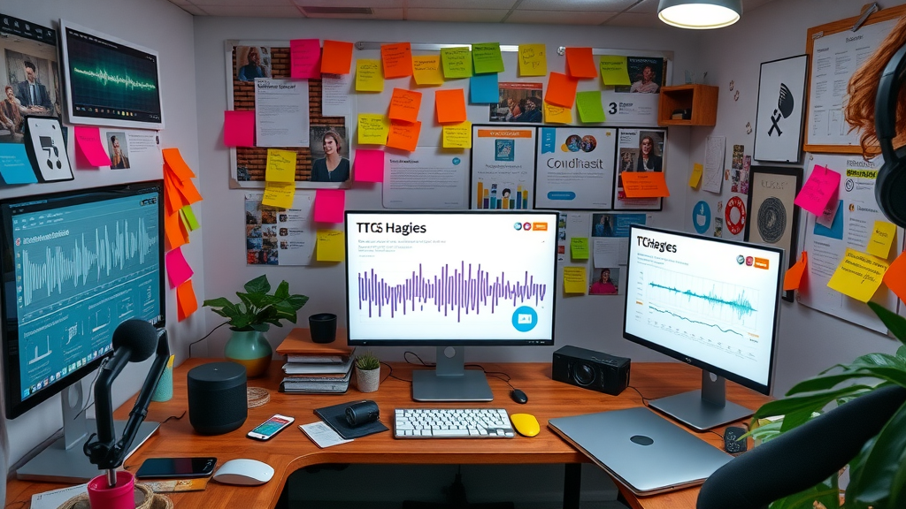 Creative content repurposing workspace converting podcast audio for podcast promotion strategies.