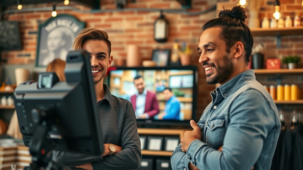 Baltimore small business owners viewing themselves on screen during in-store video shoot